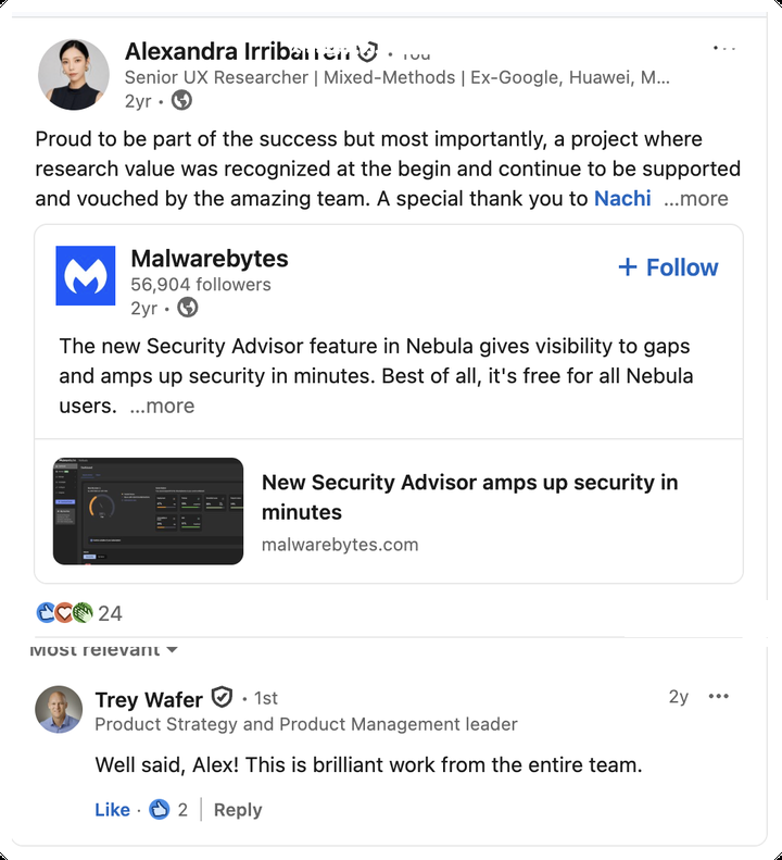 LinkedIn post on Malwarebytes Security Advisor — 24 reactions, with a comment from Trey Wafer: Well said, Alex! This is brilliant work from the entire team.